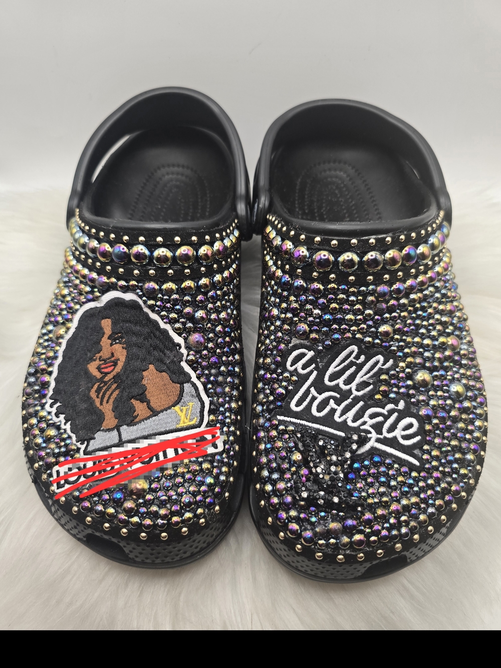 CROCS Black Jeweled Clog Mules with Iridescent Studs and Patch